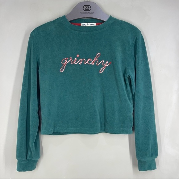 Wallflower Tops - Wallflower Green Christmas Grenchy Sweatshirt with Candy Cane Letters Size Small
